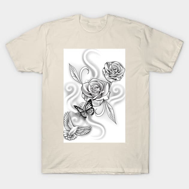 Black and white Rose T-Shirt by InkedByMark